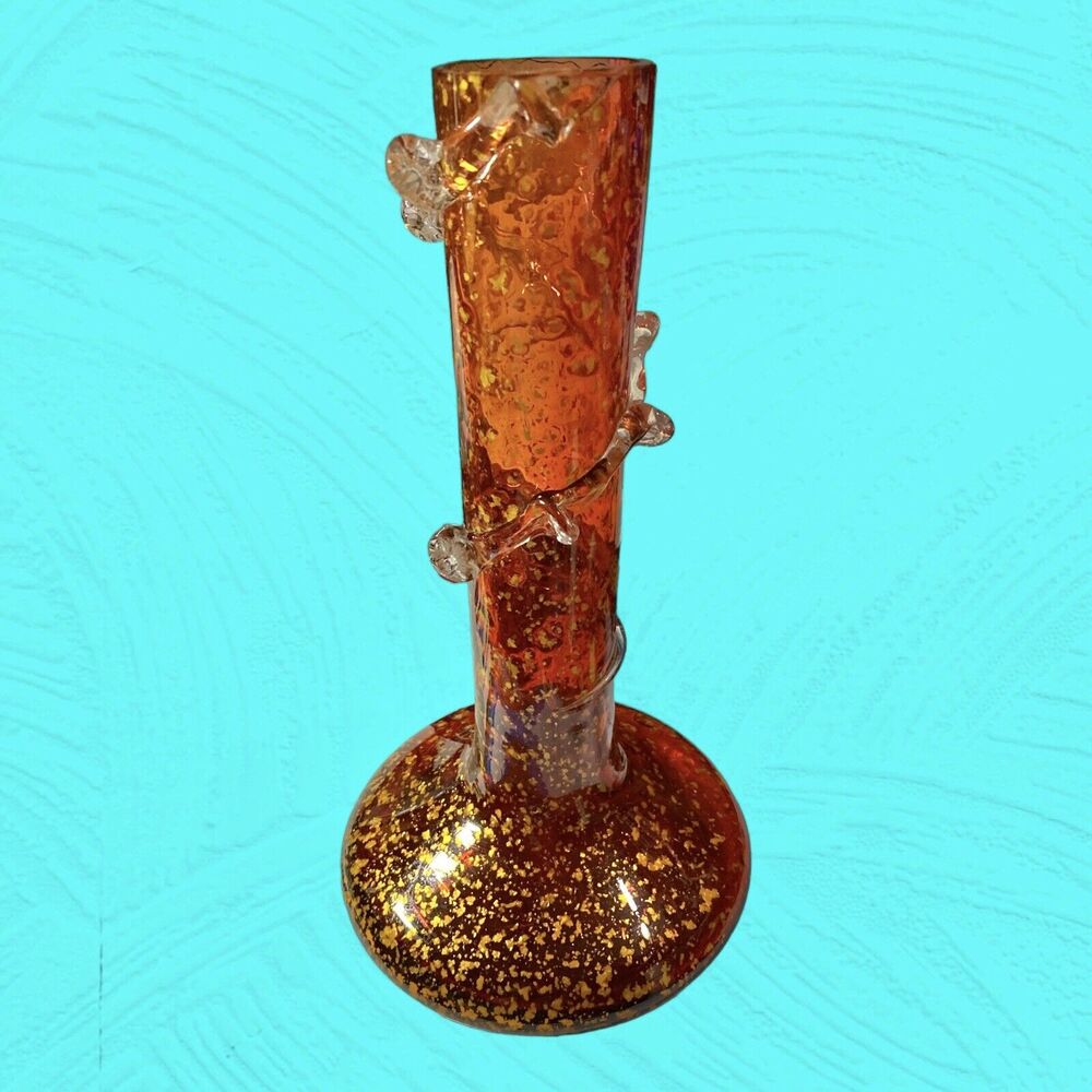 Art Glass Vase Orange Mica Flakes Applied Clear Rigaree Ribbon  Handblown 12"